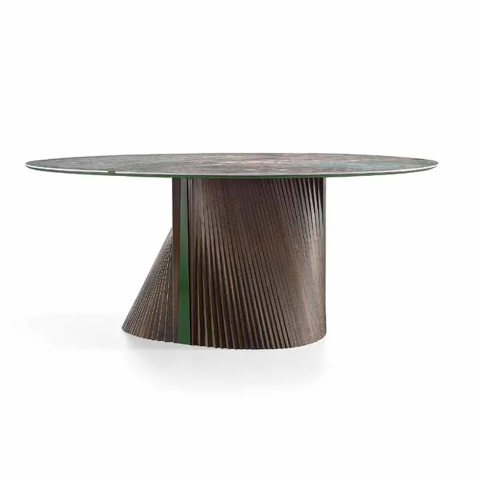 Tavolo da Pranzo Rotondo di Lusso in Gres Lucido e Legno Made in Italy - Madame