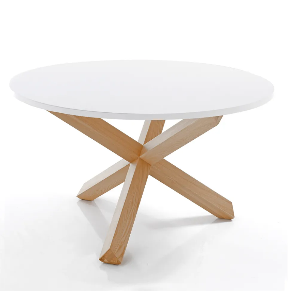 Tavolo da Pranzo Rotondo in Mdf Bianco Opaco e Legno Massello - Dante