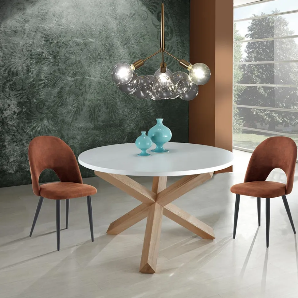 Tavolo da Pranzo Rotondo in Mdf Bianco Opaco e Legno Massello - Dante