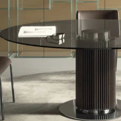 Tavolo da Pranzo Rotondo in Vetro Fumè con Base in Legno Made in Italy - Rondo