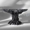 Tavolo da pranzo tondo Cassia, piano in legno nero e top in cristallo