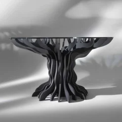 Tavolo da pranzo tondo Cassia, piano in legno nero e top in cristallo