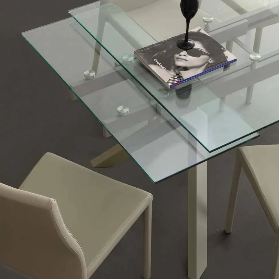 Tavolo di design allungabile in metallo e vetro temperato Mesa