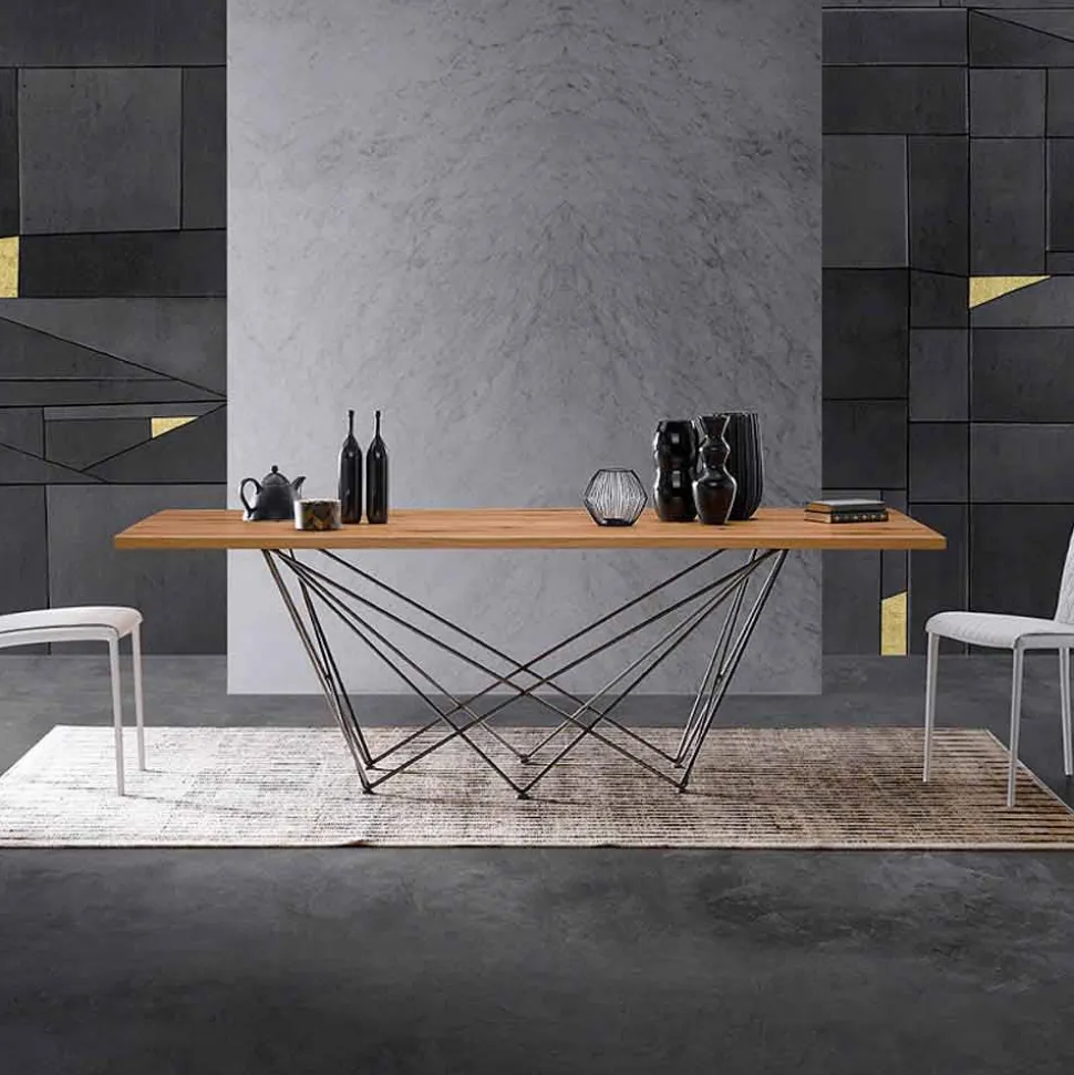Tavolo di design moderno con piano in legno e base in metallo, Esperia