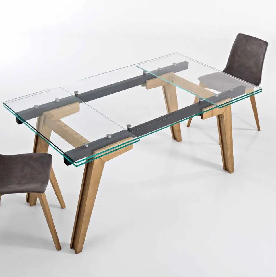 Tavolo estensibile in vetro e legno massello made in Italy, Dimitri