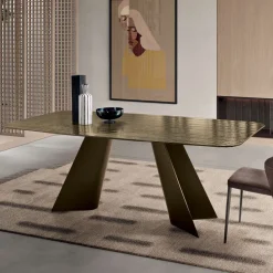Tavolo Fisso con Base in Metallo e Piano in Vetro Rigato Made in Italy - Lumo