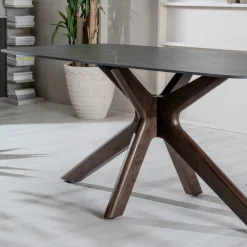 Tavolo Fisso con Piano in Ceramica e Base in Legno Massello di Noce - Arancio