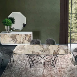 Tavolo Fisso con Piano in Ceramica a Botte e Base in Acciaio Made in Italy - Ezzellino