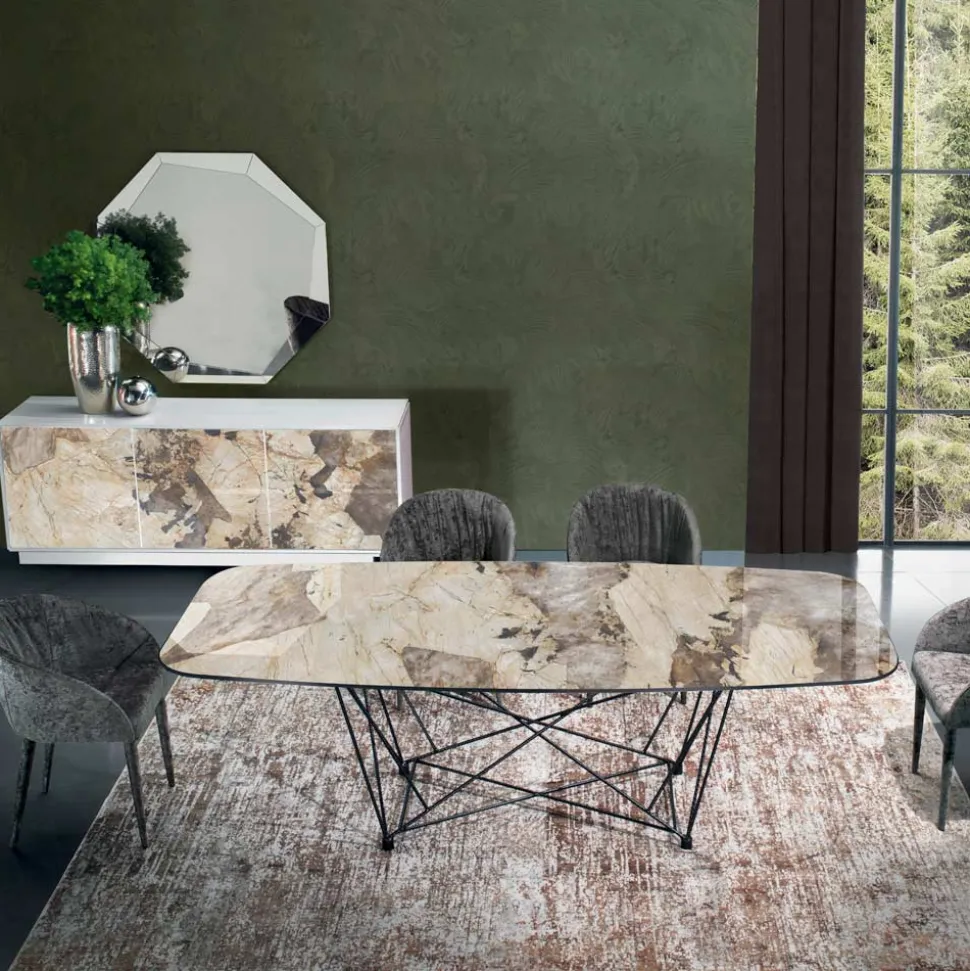 Tavolo Fisso con Piano in Ceramica a Botte e Base in Acciaio Made in Italy - Ezzellino