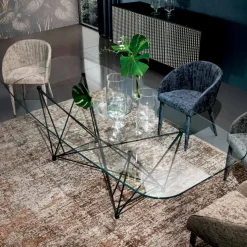 Tavolo Fisso con Piano in Vetro a Botte e Base in Acciaio Made in Italy - Ezzellino