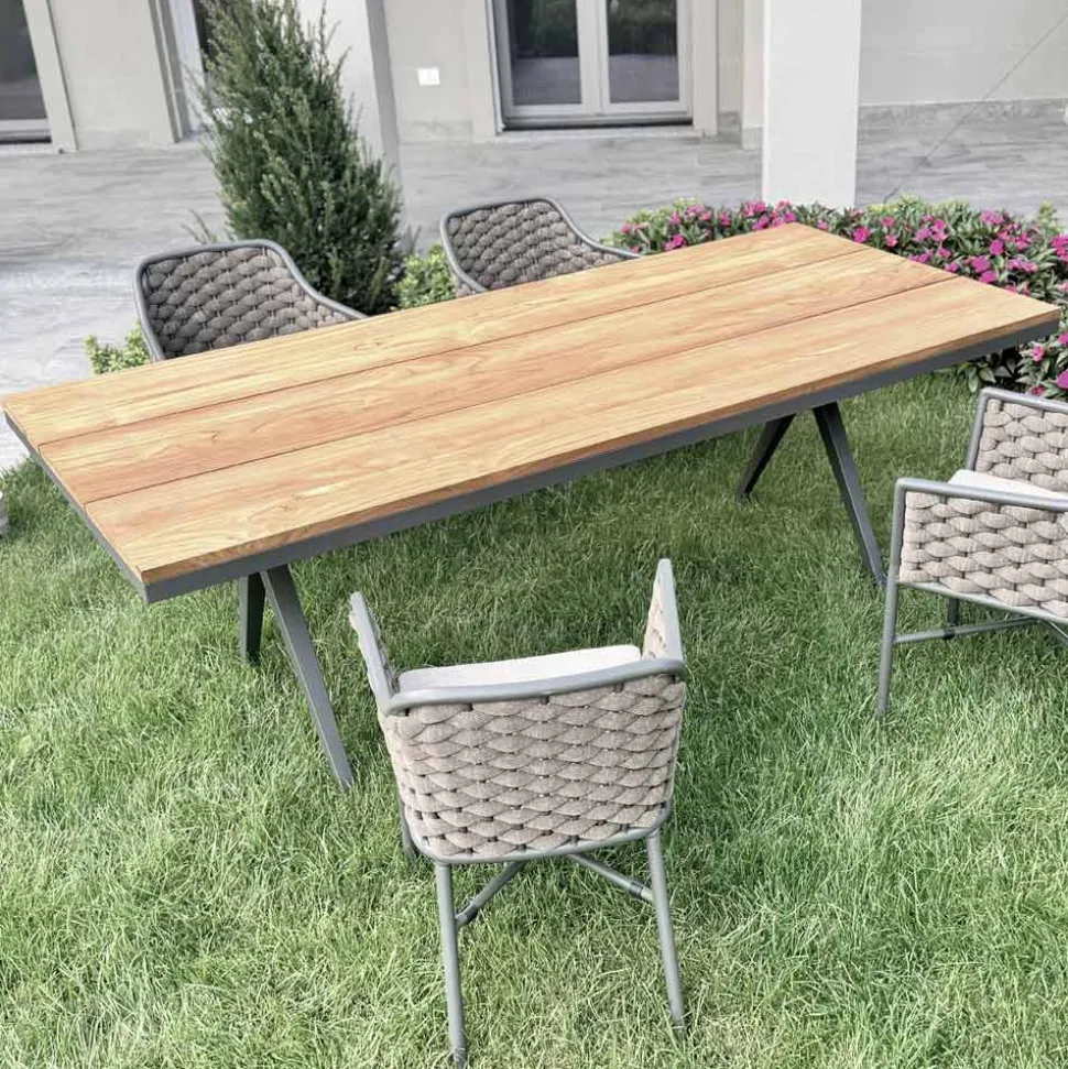 Tavolo Fisso da Esterno 220x100 cm in Alluminio e Teak Massello - Nara