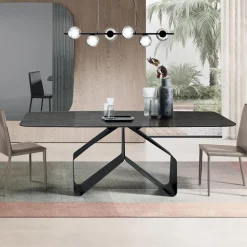 Tavolo Fisso 210x110 cm con Piano in Vetro Rigato e Base in Metallo - Adriano