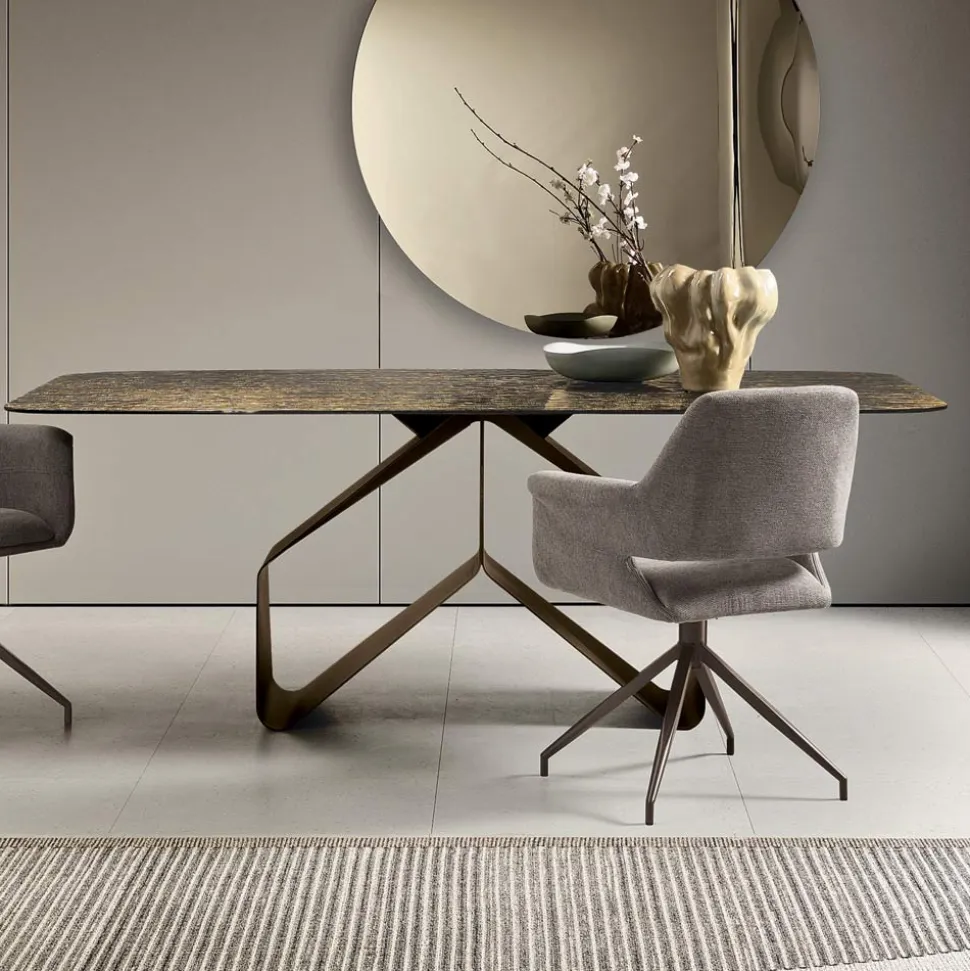 Tavolo Fisso 210x110 cm con Piano in Vetro Martellato e Base in Metallo - Adriano