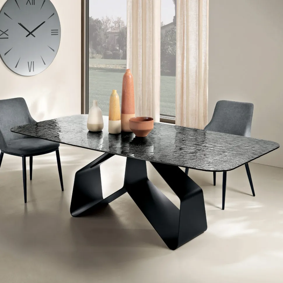 Tavolo Fisso 210x110 cm con Piano in Vetro Martellato e Base in Metallo - Adriano