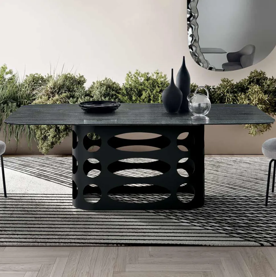 Tavolo Fisso 210x110 cm con Piano in Vetro Rigato Made in Italy - Tano