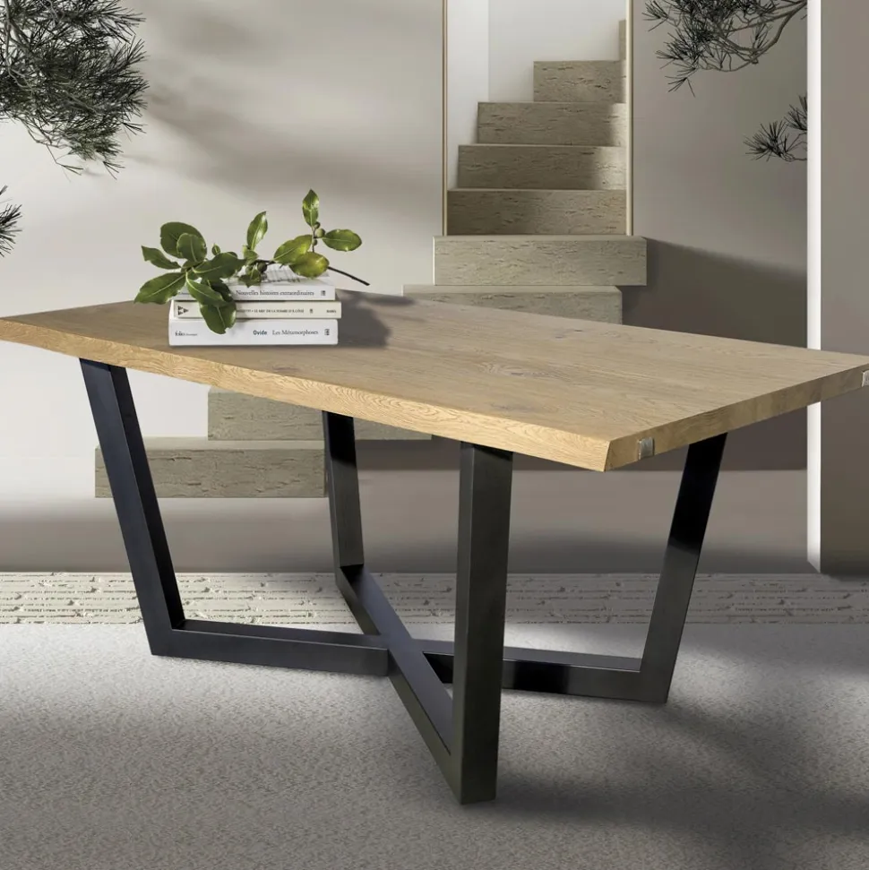 Tavolo in Rovere Nodato con Base in Metallo Color Grigio Ferro Made in Italy - Gonna