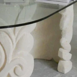 Tavolo ovale in Pietra di Vicenza e cristallo Aden, scolpito a mano