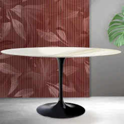 Tavolo Ovale Tulip Saarinen H 74 cm in Ceramica Florim Calacatta Gold Opaco - Scarlet
