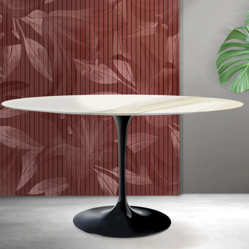 Tavolo Ovale Tulip Saarinen H 74 cm in Ceramica Florim Calacatta Gold Opaco - Scarlet
