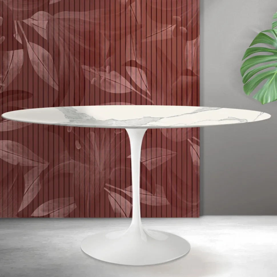 Tavolo Ovale Tulip Saarinen H 74 cm in Ceramica Florim Statuario Opaco - Scarlet