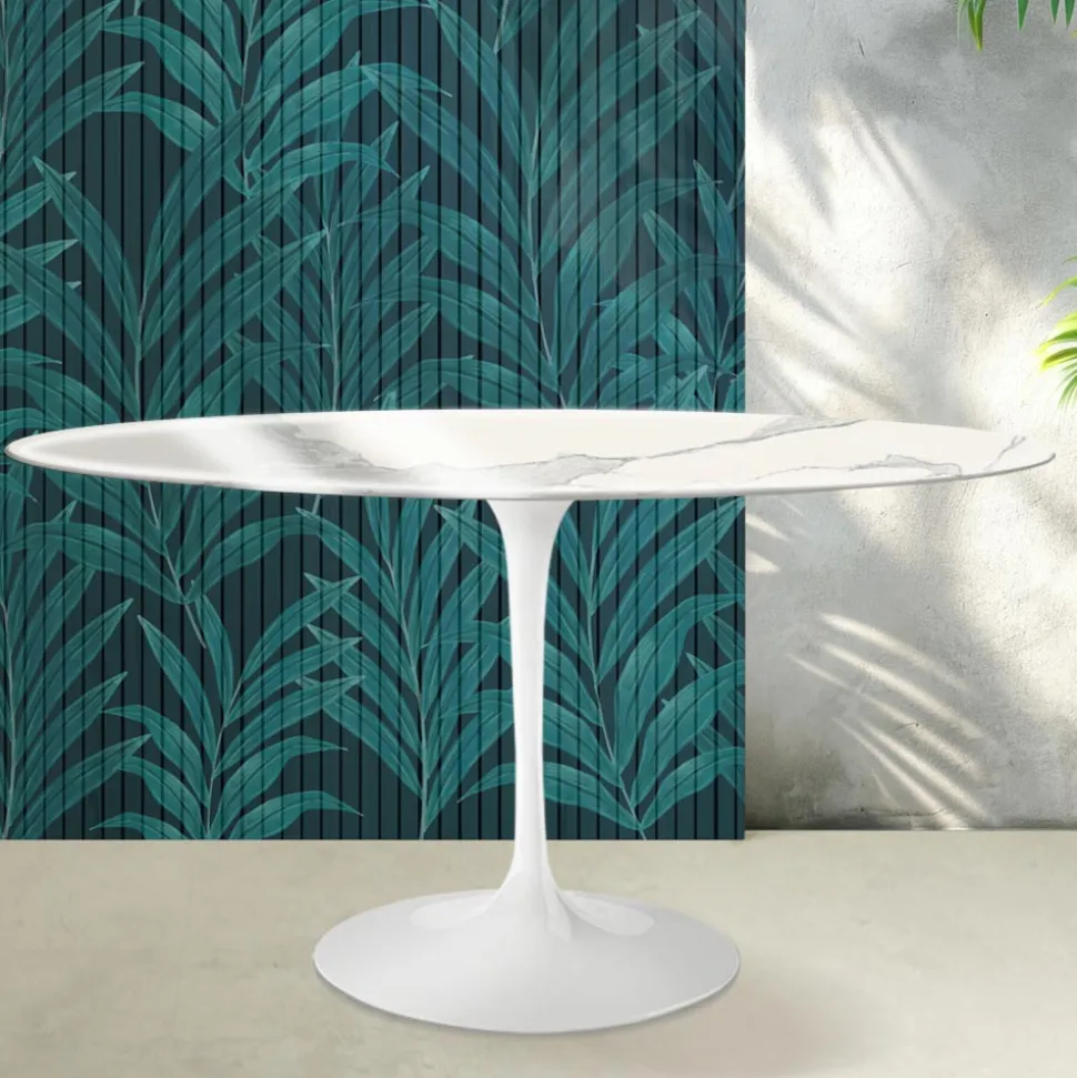 Tavolo Ovale Tulip Saarinen H 74 cm in Ceramica Florim Statuario Lucido - Scarlet