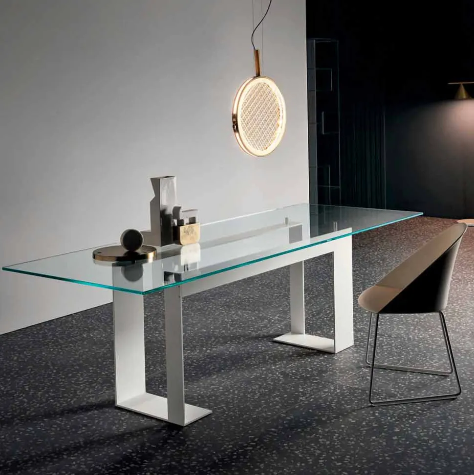 Tavolo Piano in Vetro Extrachiaro e Gambe Metallo, Qualità Made in Italy - Speck