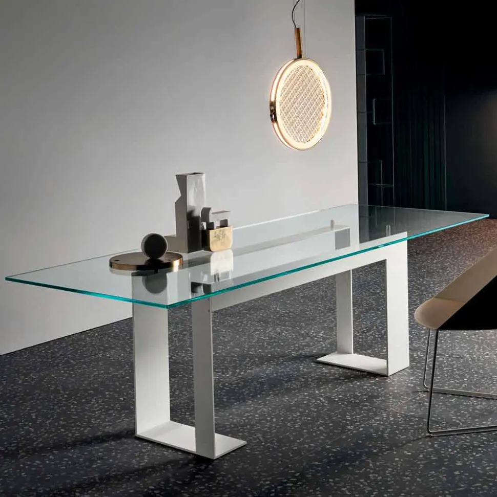 Tavolo Piano in Vetro Extrachiaro e Gambe Metallo, Qualità Made in Italy - Speck