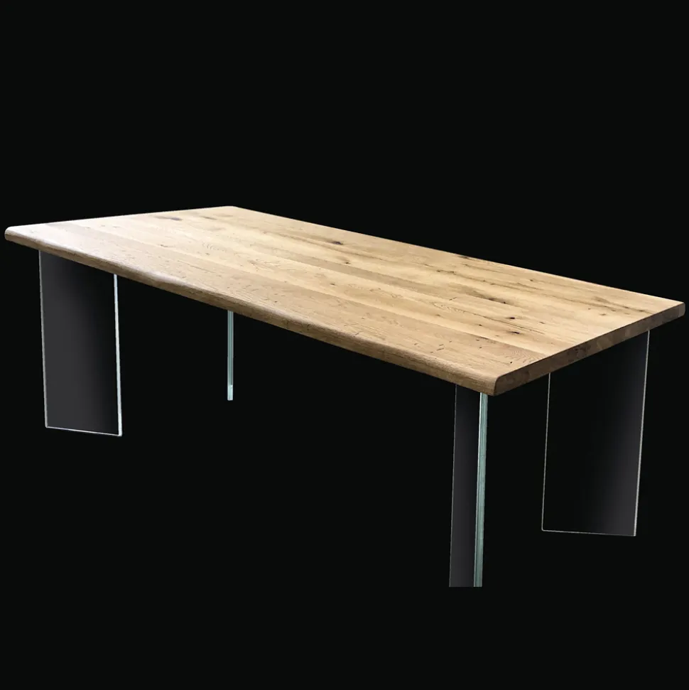 Tavolo Placcato in Rovere Nodato Massellato e Cristallo Made in Italy - Vicente