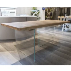 Tavolo Placcato Rovere Massello e Base in Cristallo Made in Italy - Noelia