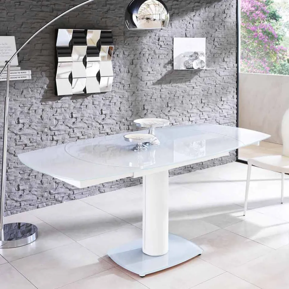 Tavolo pranzo allungabile in vetro e similpelle, L120/180xP90cm, Lelia