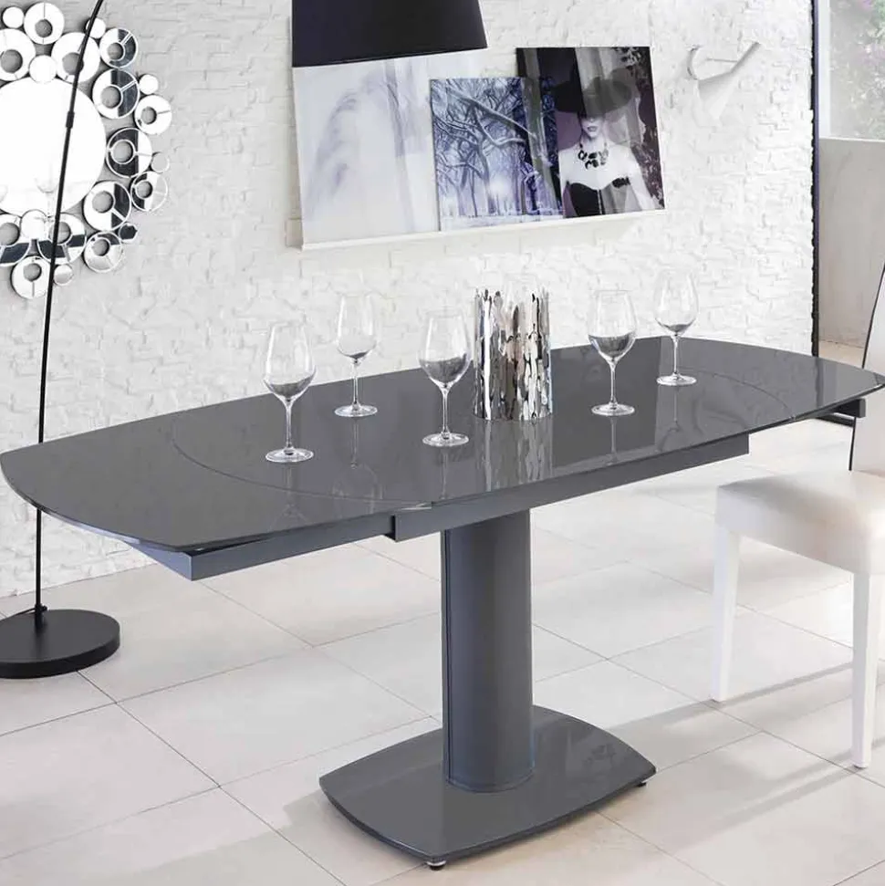 Tavolo pranzo allungabile in vetro e similpelle, L120/180xP90cm, Lelia