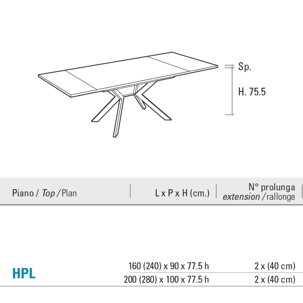Tavolo Rettangolare Allungabile a 240 o 280 cm in HPL e Metallo - Presente