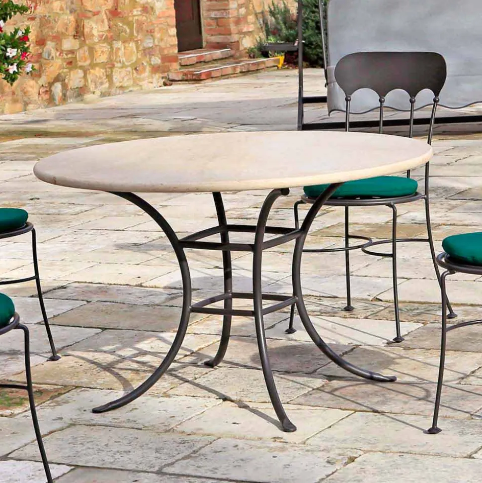 Tavolo Rotondo da Esterno con Piano in Travertino Made in Italy - Scozia