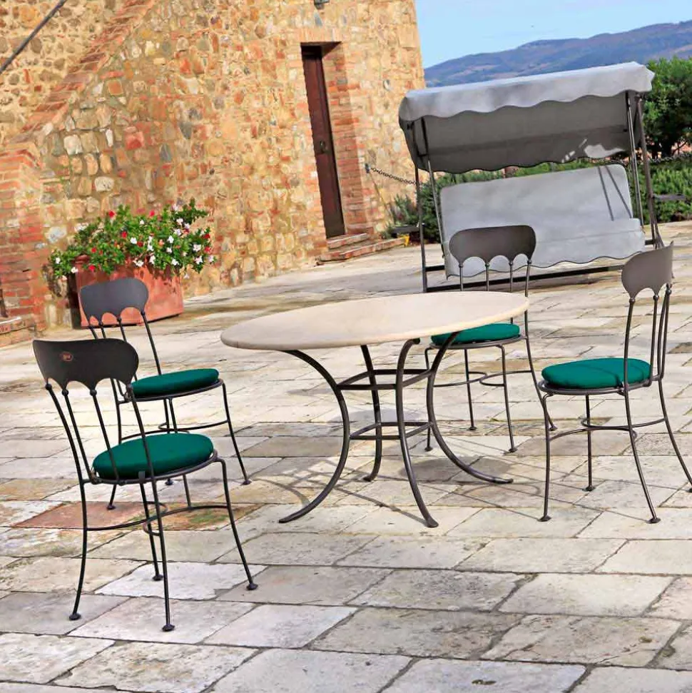Tavolo Rotondo da Esterno con Piano in Travertino Made in Italy - Scozia