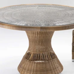 Tavolo Rotondo da Esterno in Polyrattan con Piano in Vetro - Gigi