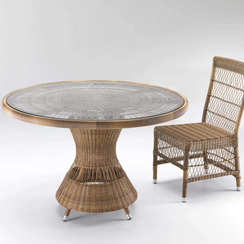 Tavolo Rotondo da Esterno in Polyrattan con Piano in Vetro - Gigi