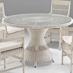 Tavolo Rotondo da Esterno in Polyrattan con Piano in Vetro - Gigi