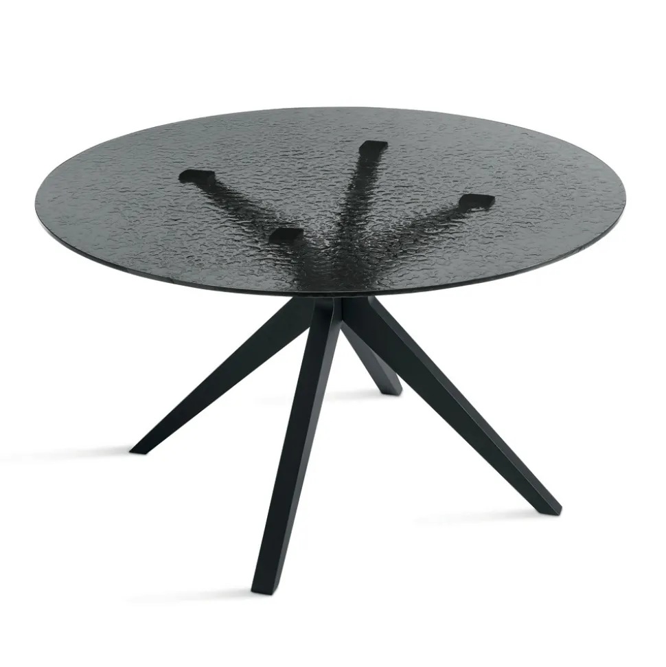 Tavolo Rotondo Diametro 140 cm in Vetro Martellato Fumè e Metallo - Domus