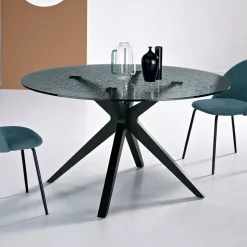 Tavolo Rotondo Diametro 140 cm in Vetro Martellato Fumè e Metallo - Domus