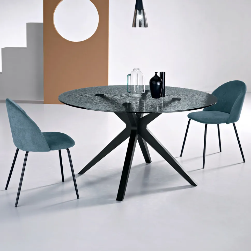Tavolo Rotondo Diametro 140 cm in Vetro Martellato Fumè e Metallo - Domus