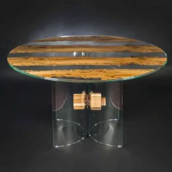 Tavolo rotondo di design in legno di briccola Veneziana e vetro