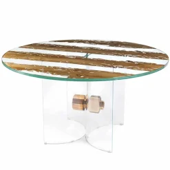 Tavolo rotondo di design in legno di briccola Veneziana e vetro