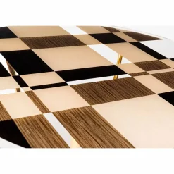 Tavolo rotondo modeno con piano in vetro e intarsi di legno Ozzy