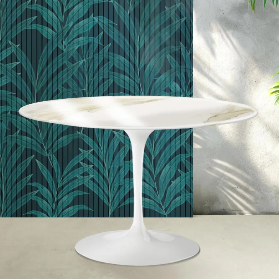 Tavolo Rotondo Tulip Saarinen H 74 cm in Ceramica Florim Calacatta Gold Lucido - Scarlet