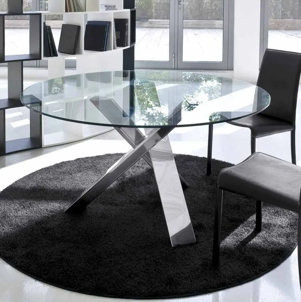 Tavolo tondo di design D 120 piano in cristallo made in Italy Cristal