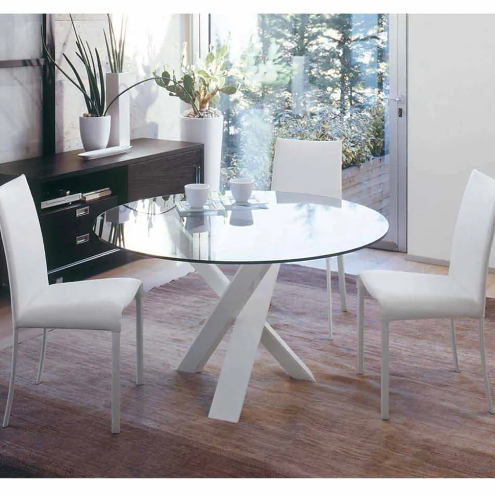 Tavolo tondo di design D 120 piano in cristallo made in Italy Cristal