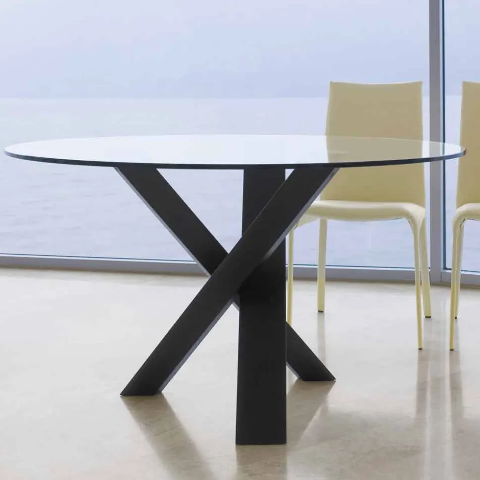 Tavolo tondo di design D 130 piano in cristallo made in Italy Cristal
