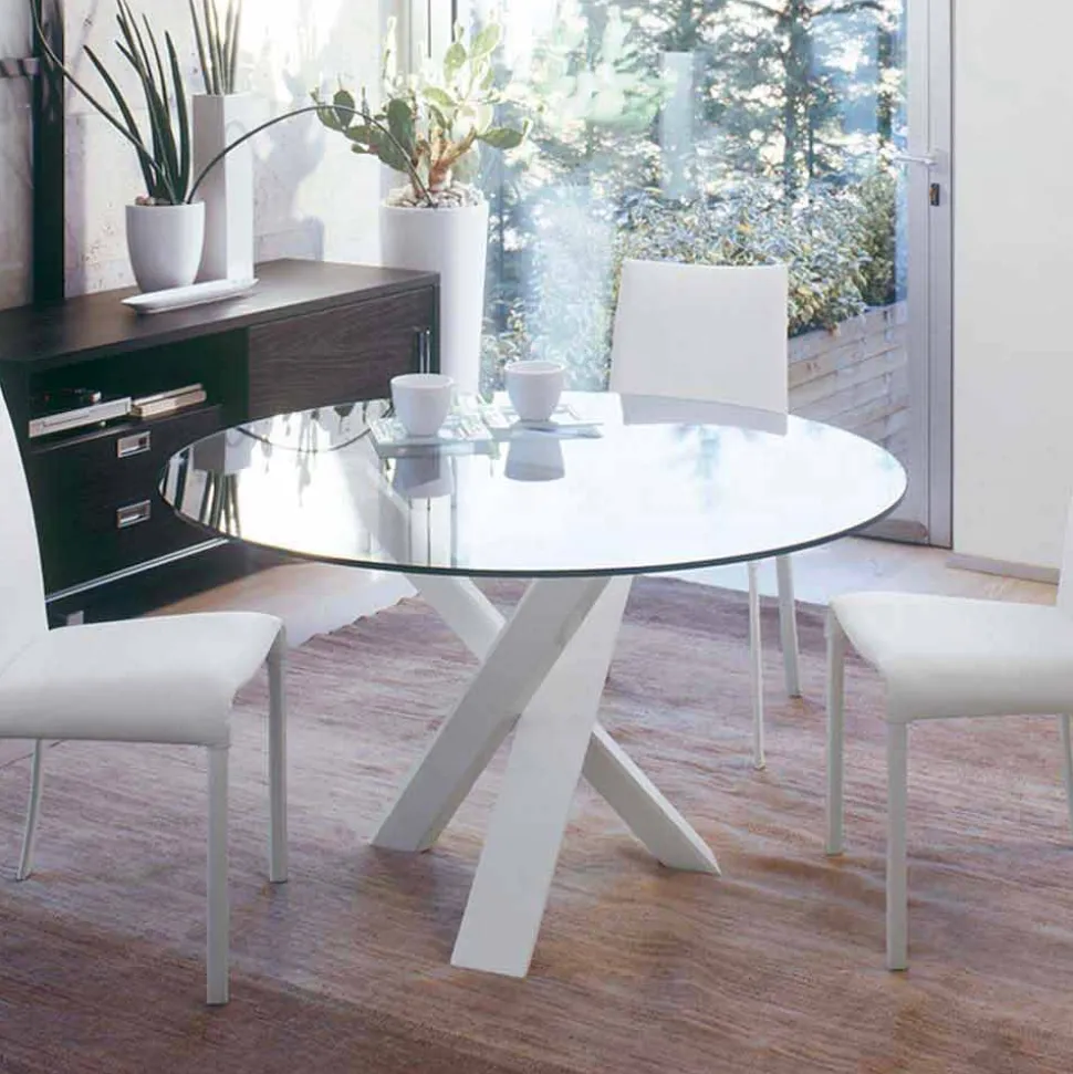 Tavolo tondo di design D 160 piano in cristallo made in Italy Cristal