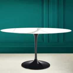 Tavolo Tulip Eero Saarinen H 74 Ovale in Ceramica Calacatta Michelangelo - Scarlet