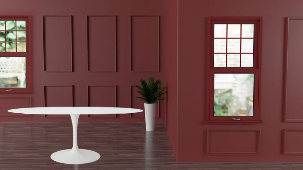Tavolo Tulip Eero Saarinen H 74 Ovale Allungabile in Laminato Liquido Bianco - Scarlet